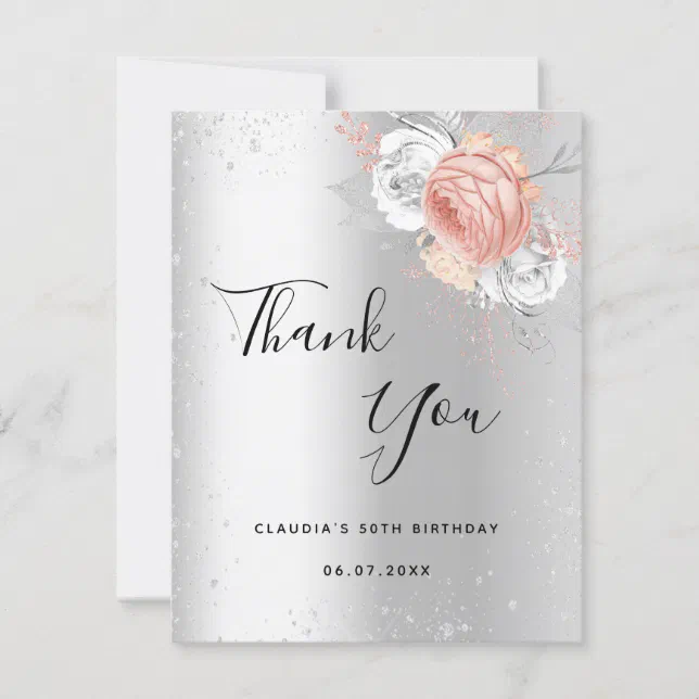 Birthday silver rose gold floral sparkle thank you card | Zazzle