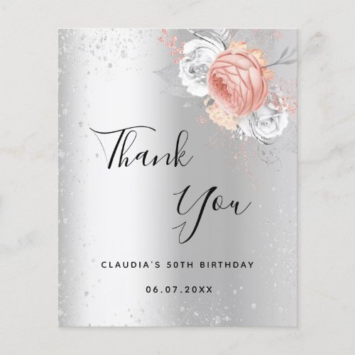 Birthday silver rose gold floral thank you note flyer