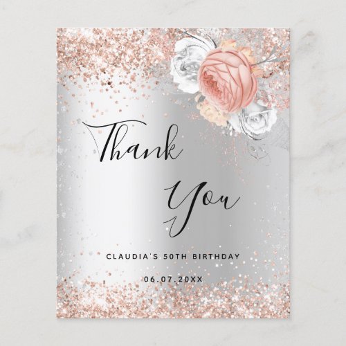 Birthday silver rose gold florals thank you card