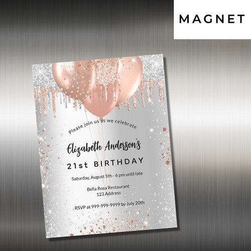 Birthday silver rose gold glitter balloons luxury magnetic invitation