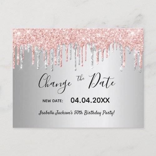 Birthday silver rose gold glitter change the date postcard