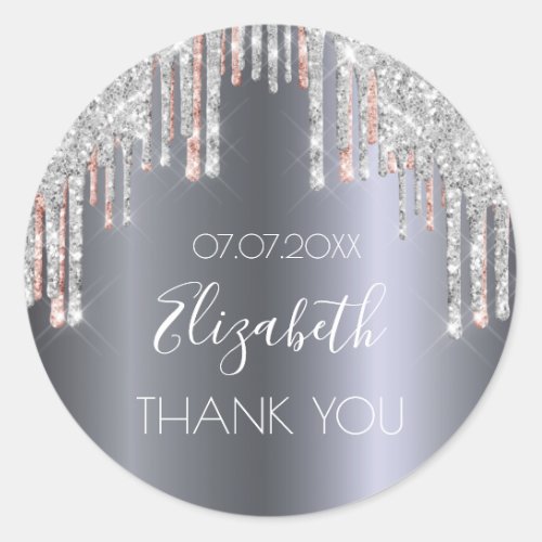 Birthday silver rose gold glitter drips Thank You Classic Round Sticker