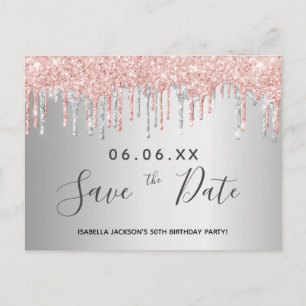 Birthday silver rose gold glitter save the date postcard