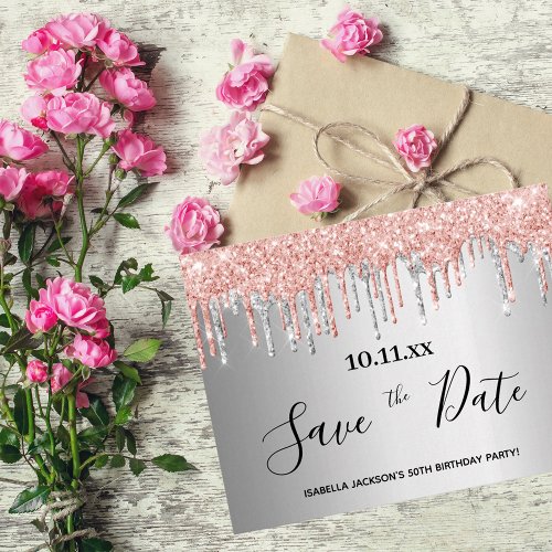 Birthday silver rose gold glitter save the date postcard