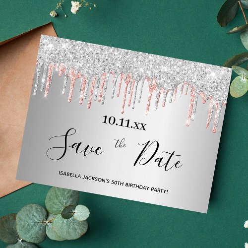 Birthday silver rose gold glitter save the date postcard