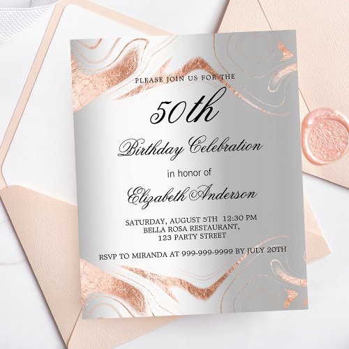 Birthday silver rose gold marble budget invitation