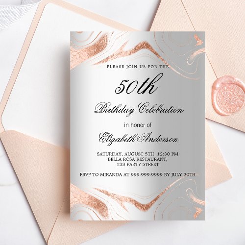 Birthday silver rose gold marble elegant invitation