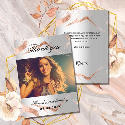Birthday silver rose gold photo thank you card