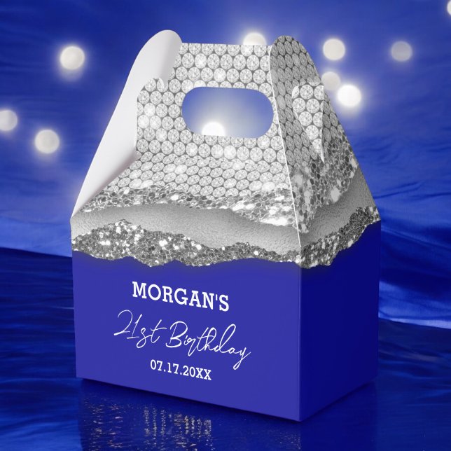 Birthday Silver Royal Blue Glitter Name Thank You Favor Boxes (Creator Uploaded)