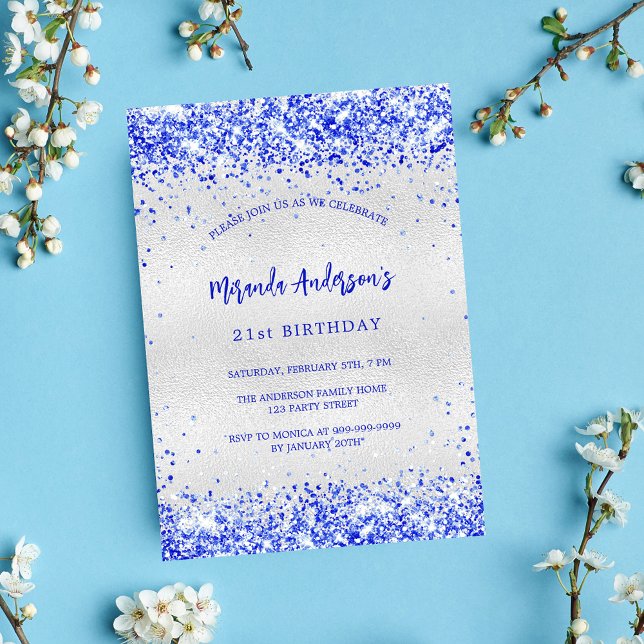 Birthday silver royal blue invitation postcard (Creator Uploaded)