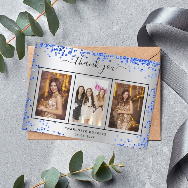 Birthday silver royal blue sparkles photo thank you card (Creator Uploaded)