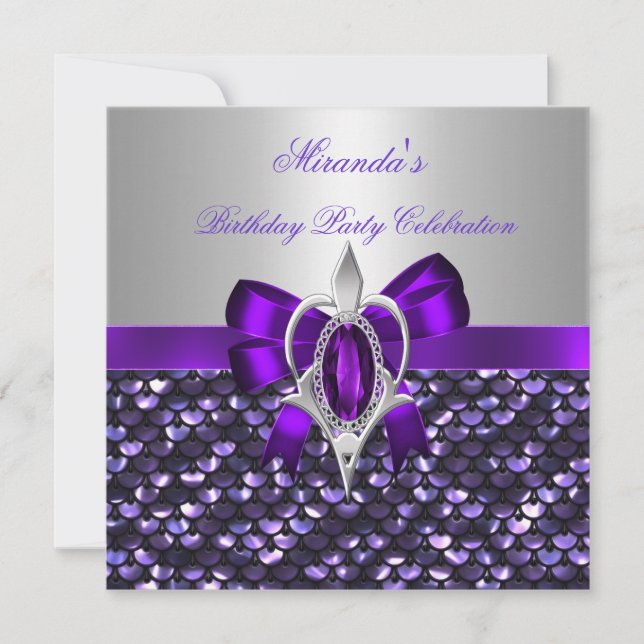 Birthday Silver Sequins Purple Diamond Bow Invitation (Front)