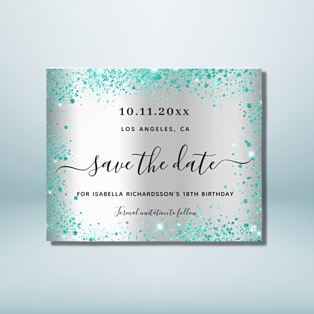 Birthday silver teal glitter budget save the date flyer