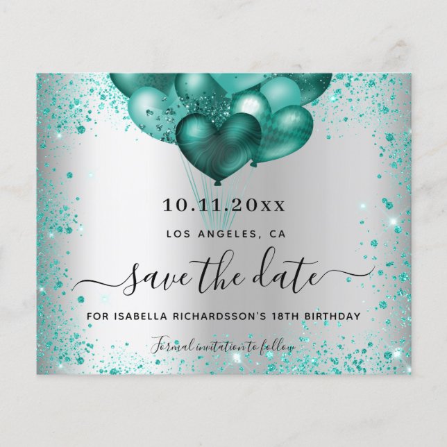 Birthday silver teal glitter budget save the date flyer (Front)