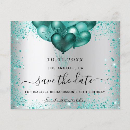 Birthday silver teal glitter budget save the date flyer