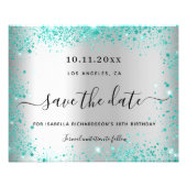 Birthday silver teal glitter budget save the date flyer (Front)