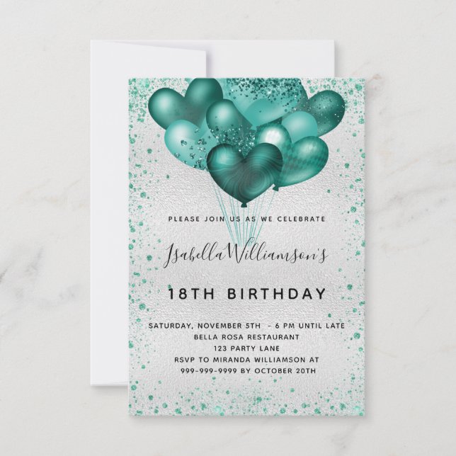 Birthday silver teal glitter dust balloons invitation (Front)