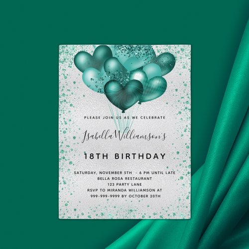 Birthday silver teal glitter dust invitation postcard