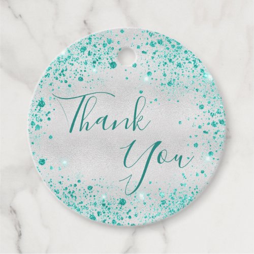 Birthday silver teal glitter green thank you favor tags