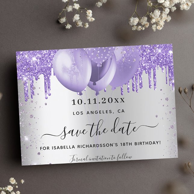 Birthday silver violet balloons glitter drips save the date (Creator Uploaded)