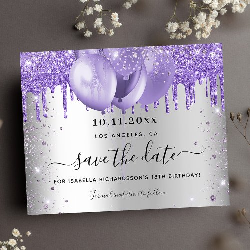 Birthday silver violet budget save the date flyer