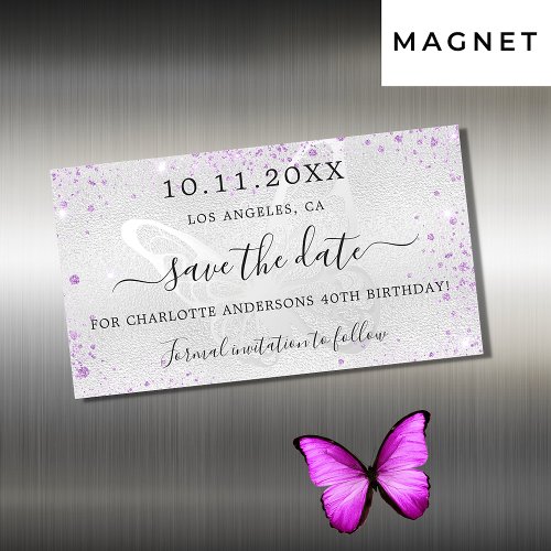 Birthday silver violet butterfly save date magnet