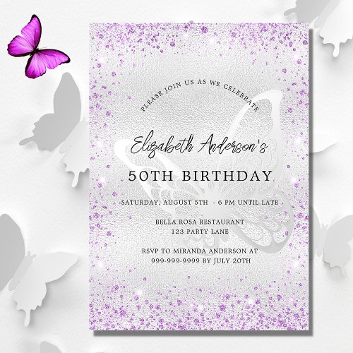 Birthday silver violet butterfly sparkles invitation