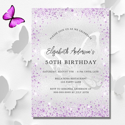 Birthday silver violet butterfly sparkles invitation postcard