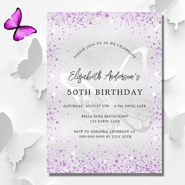 Birthday silver violet butterfly sparkles luxury invitation (Creator Uploaded)