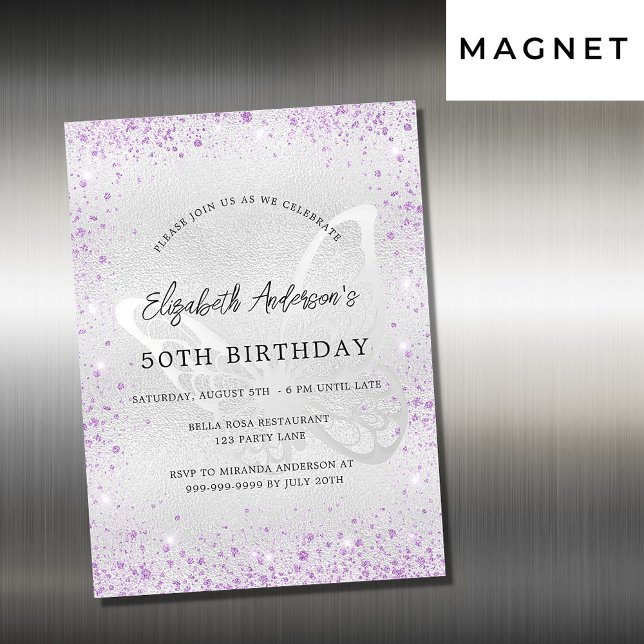 Birthday silver violet butterfly sparkles luxury magnetic invitation (Creator Uploaded)