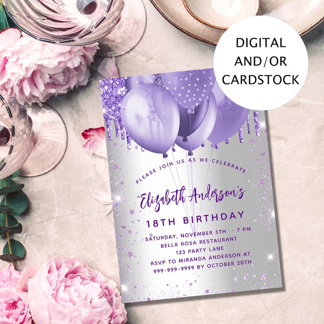 Birthday silver violet glitter balloons invitation (Creator Uploaded)