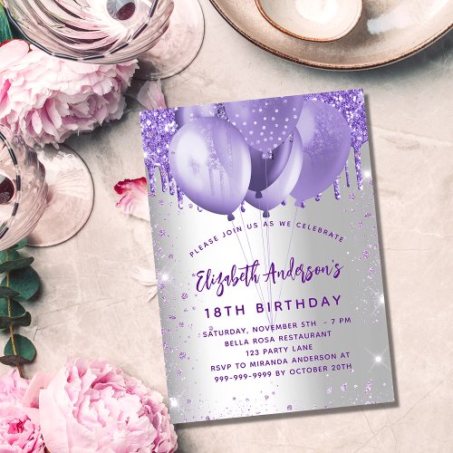 Birthday silver violet glitter balloons invitation postcard