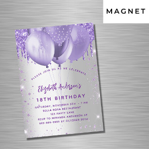 Birthday silver violet glitter balloons luxury magnetic invitation