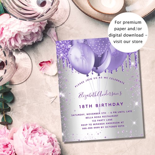 Birthday silver violet glitter budget invitation flyer