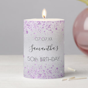 Birthday silver violet glitter name pillar candle