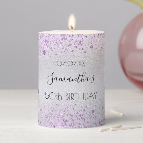 Birthday silver violet glitter name pillar candle