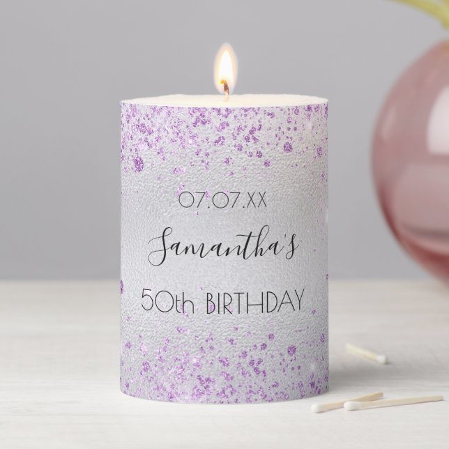 Birthday silver violet glitter name pillar candle (In Situ)