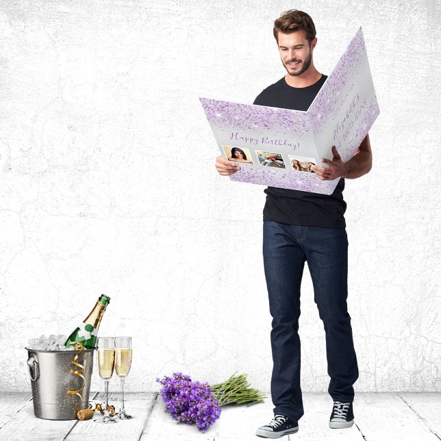 Birthday silver violet glitter photo name card (Creator Uploaded)