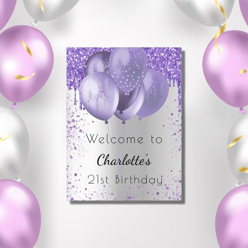 Birthday silver violet glitter welcome balloons poster