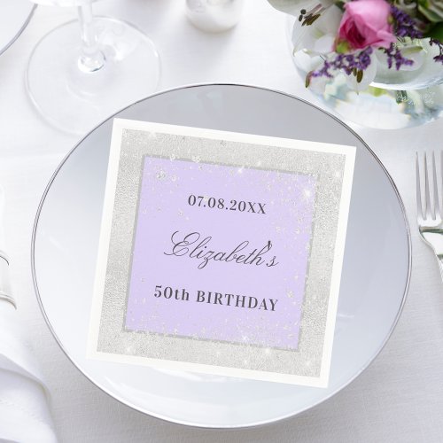 Birthday silver violet lavender glitter name napkins