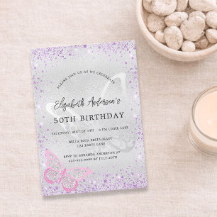 Birthday silver violet pink butterfly invitation