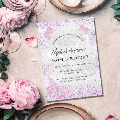 Birthday silver violet pink butterfly sparkles invitation