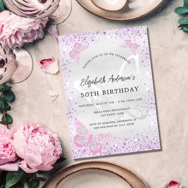 Birthday silver violet pink butterfly sparkles invitation (Creator Uploaded)