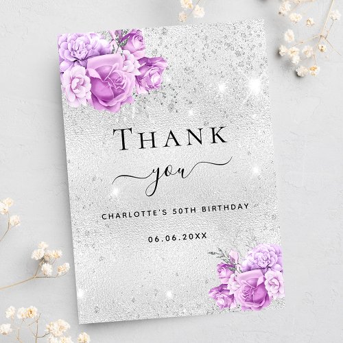 Birthday silver violet pink florals thank you card