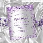 Birthday silver violet purple budget invitation<br><div class="desc">A girly and feminine 21st (or any age) birthday party invitation. On front: A trendy faux silver looking background. Decorated with dark purple and violet faux glitter, sparkles. Personalize and add a name, party details. The name is written with a hand lettered style script, purple colored letters. Back: faux silver...</div>