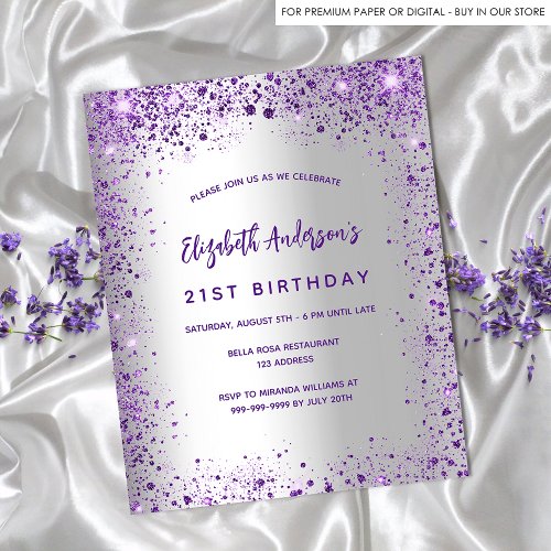 Birthday silver violet purple budget invitation flyer