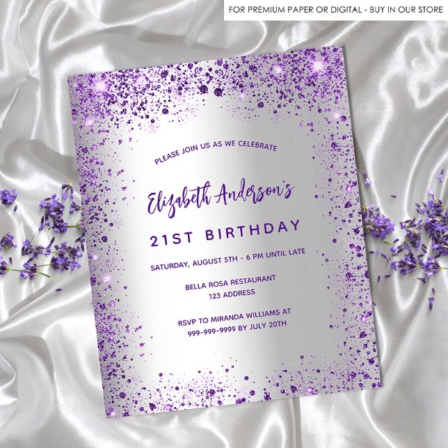 Birthday silver violet purple budget invitation flyer (Creator Uploaded)