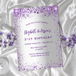 Birthday silver violet purple sparkles invitation<br><div class="desc">A girly and feminine 21st (or any age) birthday party invitation. On front: A trendy faux silver looking background. Decorated with dark purple and violet faux glitter, sparkles. Personalize and add a name, party details. The name is written with a hand lettered style script, purple colored letters. Back: faux silver...</div>