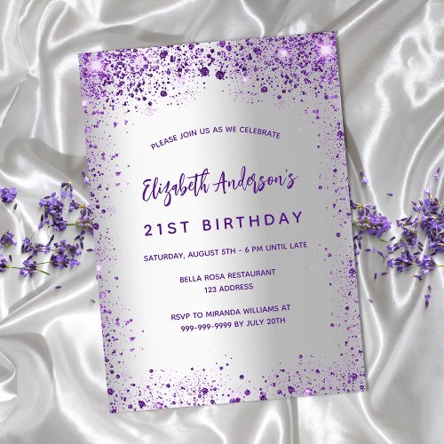 Birthday silver violet purple sparkles invitation postcard