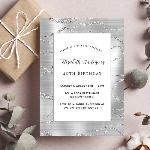 Birthday silver white elegant invitation postcard